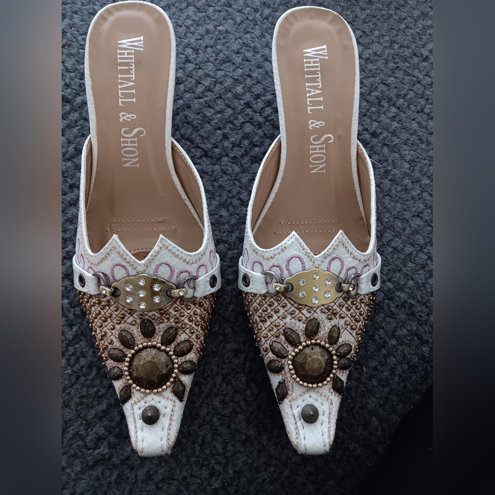 New White and Brown Embellished Mules with Square Toe